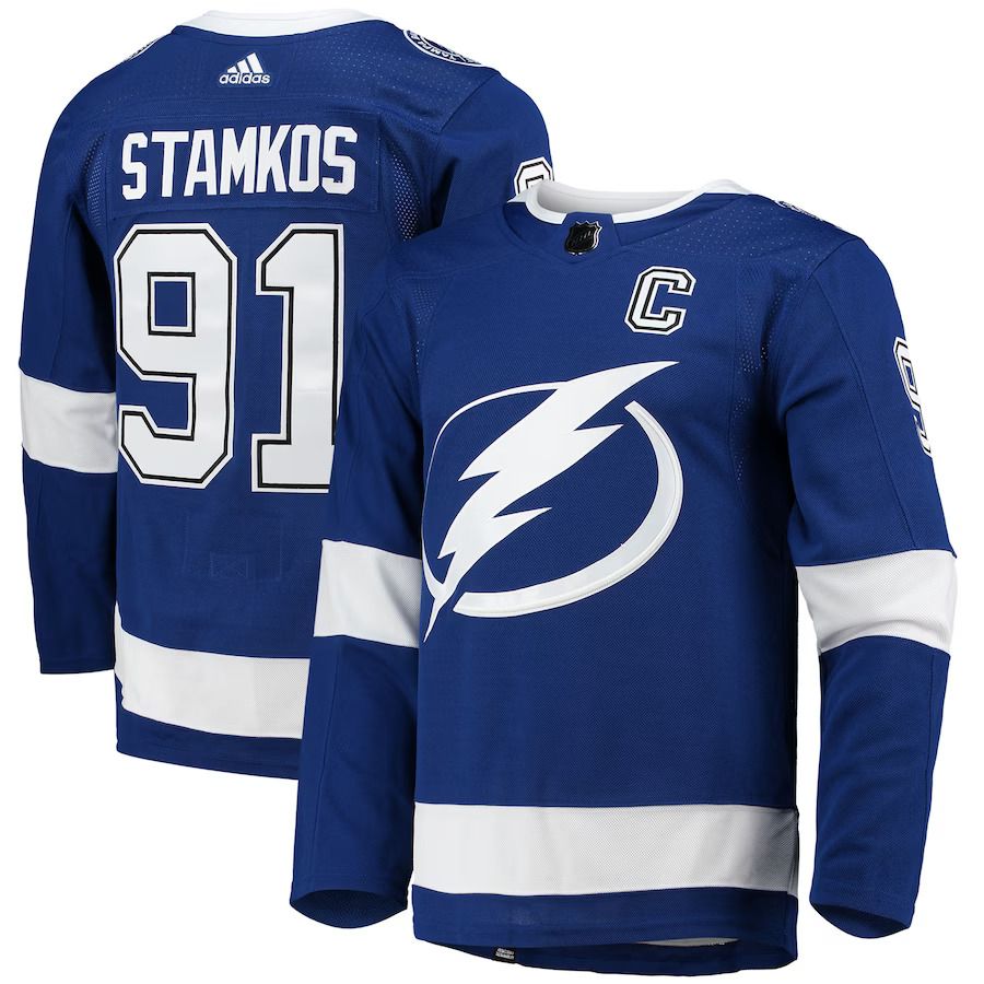 Men Tampa Bay Lightning #91 Steven Stamkos adidas Blue Home Captain Patch Primegreen Authentic Pro Player NHL Jersey